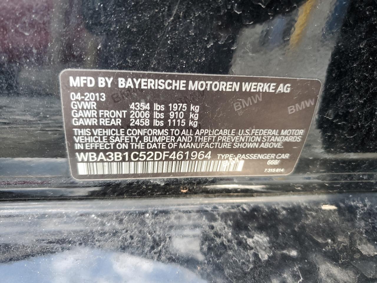 2013 BMW 3er VIN WBA3B1C52DF461964 Copart auction photo, minor dent/scratches damage thumbnail 12