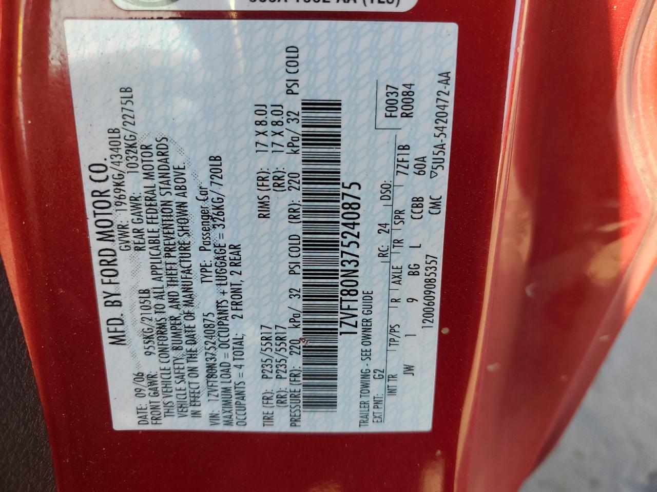 2007 Ford Mustang VIN 1ZVFT80N375240875 Copart auction photo, rear end damage thumbnail 12