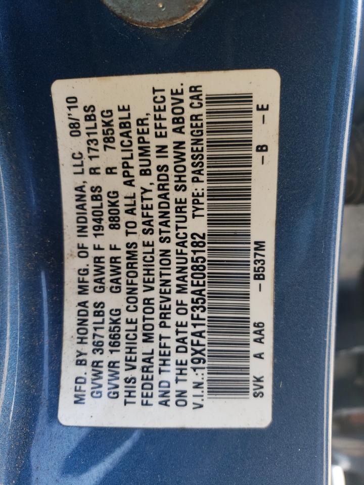 2010 Honda Civic VIN 19XFA1F35AE085182 Copart auction photo, all over damage thumbnail 12