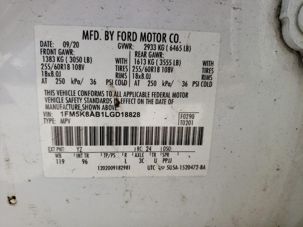 2020 Ford Explorer VIN 1FM5K8AB1LGD18828 Copart auction photo, top/roof / rear end damage thumbnail 13