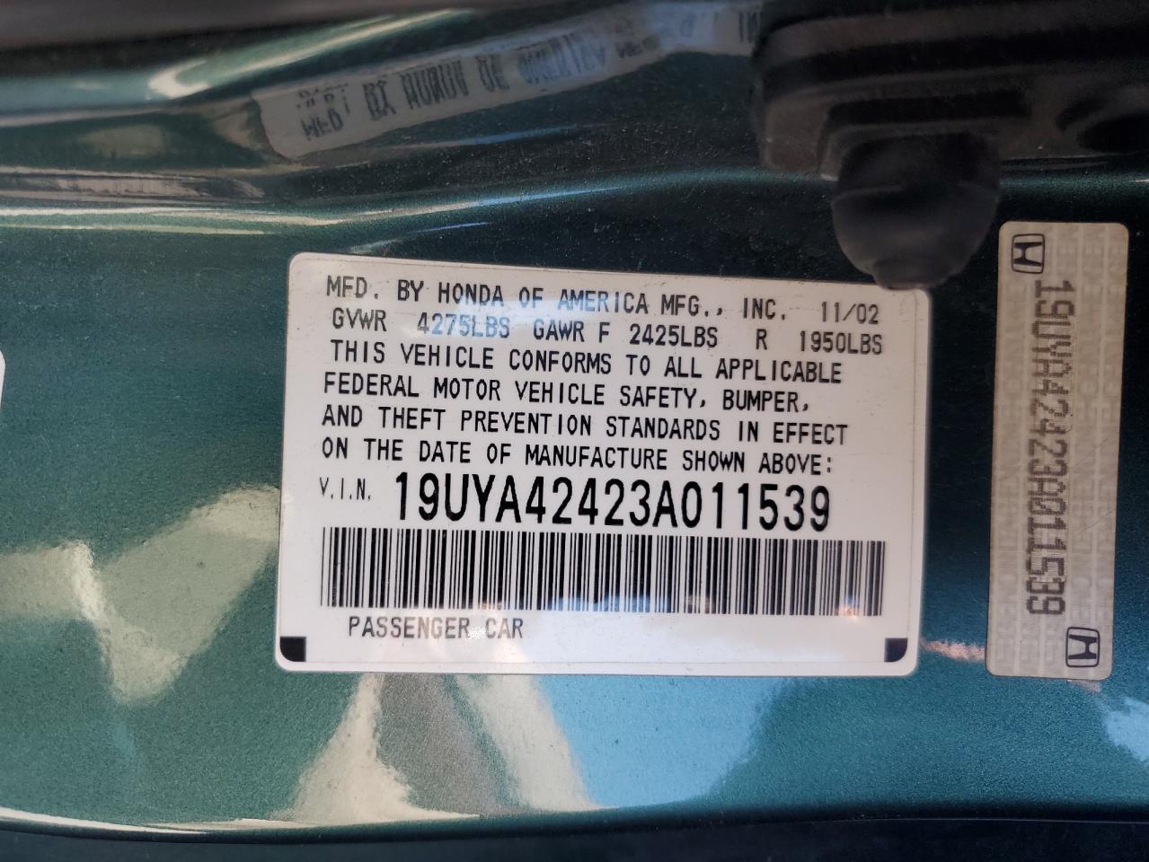 2003 Acura CL VIN 19UYA42423A011539 Copart auction photo, rear end damage thumbnail 12