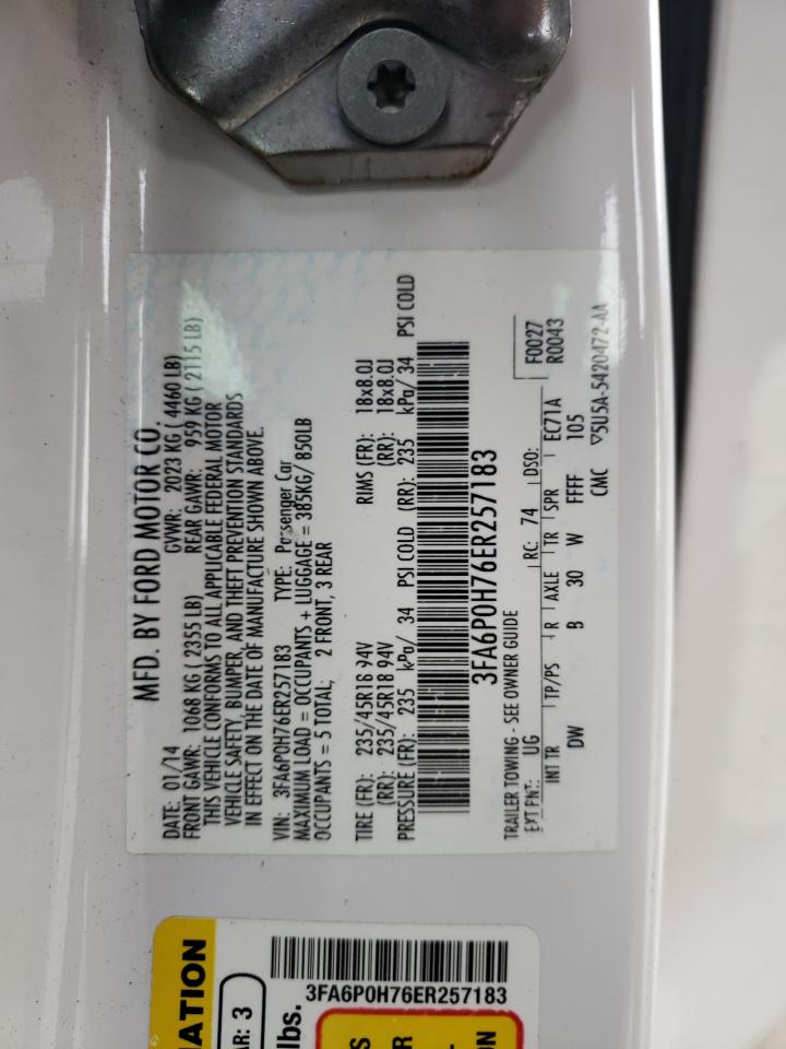 2014 Ford Fusion VIN 3FA6P0H76ER257183 Copart auction photo, rear end damage thumbnail 12