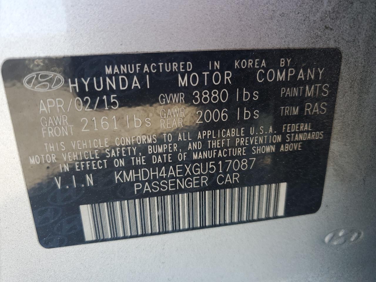 2016 Hyundai Elantra VIN KMHDH4AEXGU517087 Copart auction photo, front end damage thumbnail 12