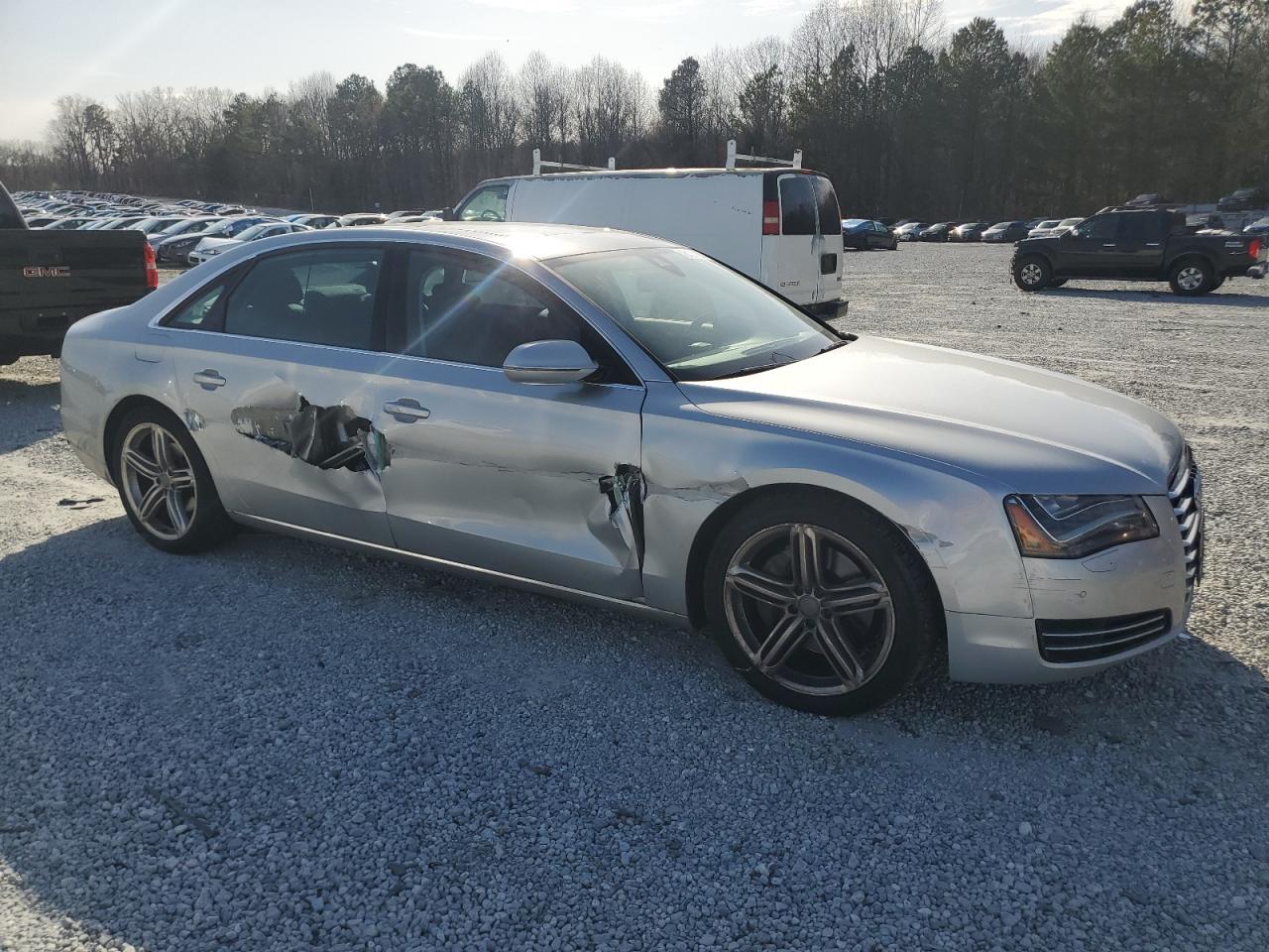 2014 Audi A8 VIN WAURMAFD8EN014277 Copart auction photo, side / front end damage thumbnail 4