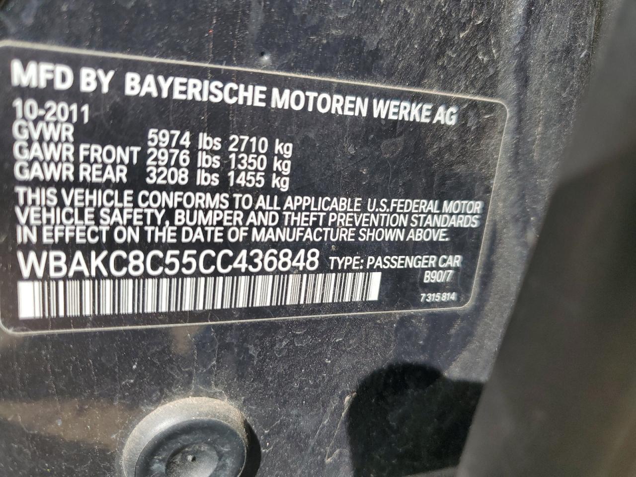 2012 BMW 7er VIN WBAKC8C55CC436848 Copart auction photo, rear end / minor dent/scratches damage thumbnail 12