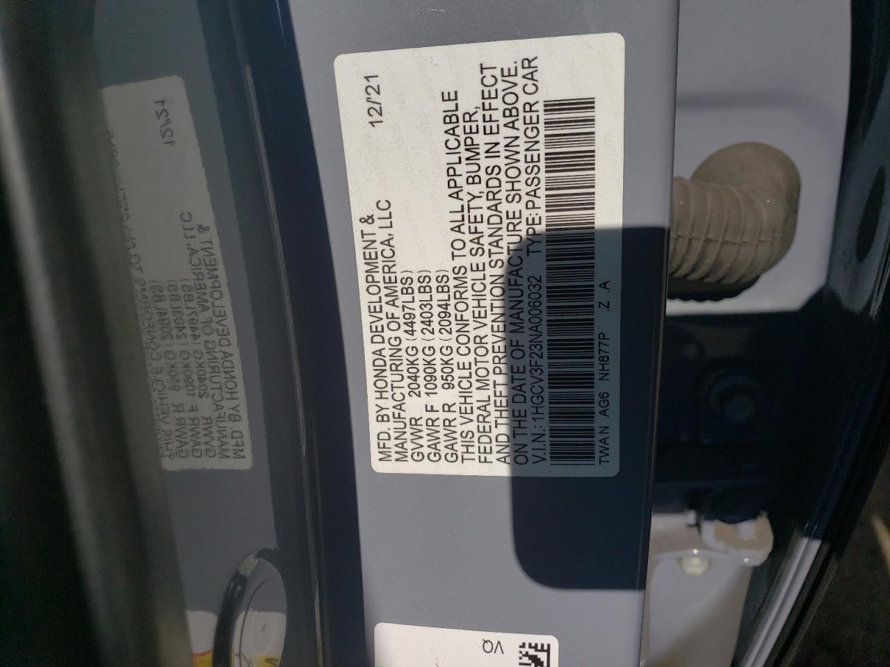 2022 Honda Accord VIN 1HGCV3F23NA006032 Copart auction photo, front end damage thumbnail 14