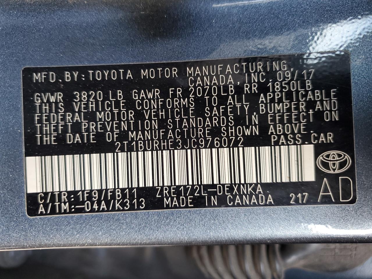 2018 Toyota Corolla VIN 2T1BURHE3JC976072 Copart auction photo, front end / minor dent/scratches damage thumbnail 13
