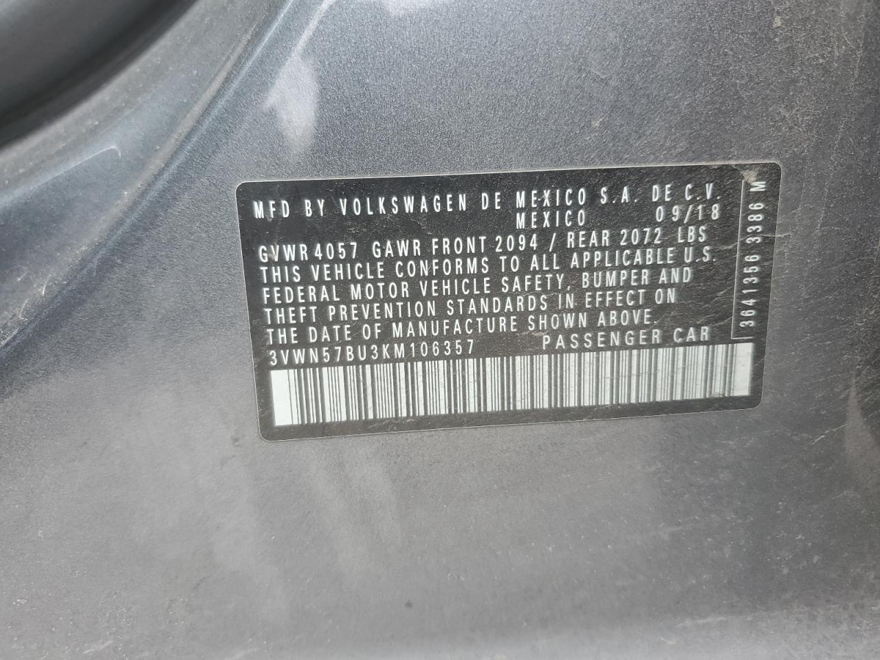 2019 Volkswagen Jetta VIN 3VWN57BU3KM106357 Copart auction photo, rear end / front end damage thumbnail 12