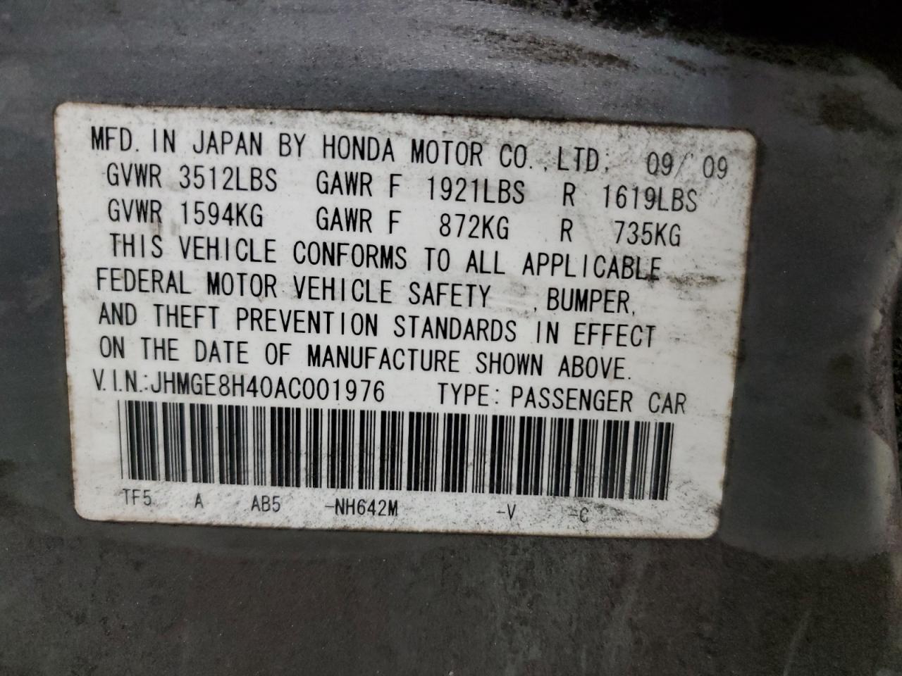 2010 Honda Fit VIN JHMGE8H40AC001976 Copart auction photo, all over / minor dent/scratches damage thumbnail 15