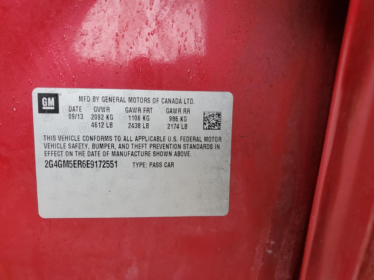 2014 Buick Regal VIN 2G4GM5ER6E9172551 Copart auction photo, all over damage thumbnail 13