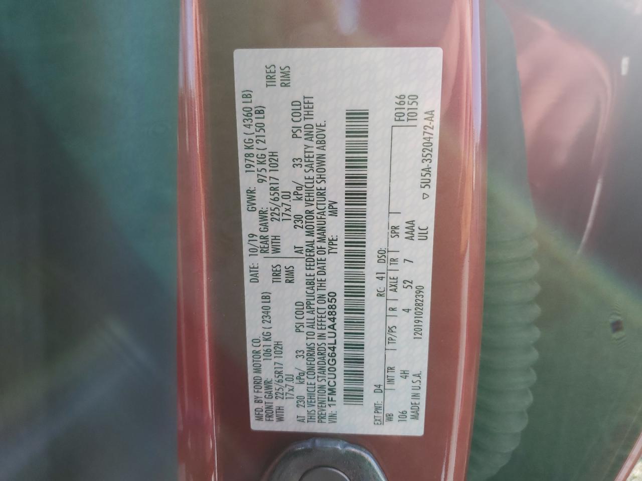 2020 Ford Escape VIN 1FMCU0G64LUA48850 Copart auction photo, front end / mechanical damage thumbnail 13