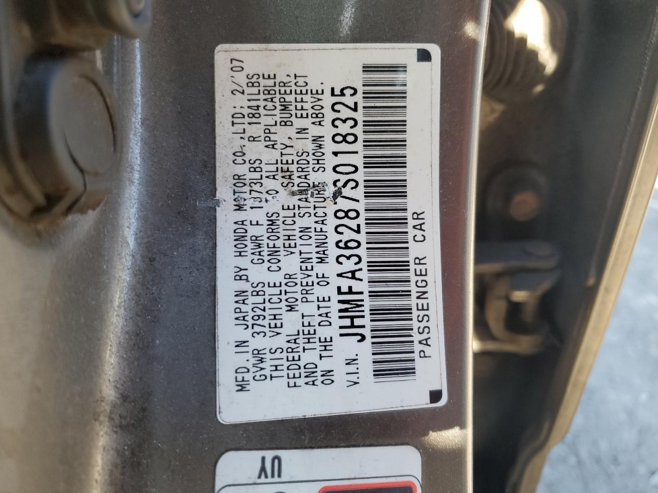 2007 Honda Civic VIN JHMFA36287S018325 Copart auction photo, front end damage thumbnail 12