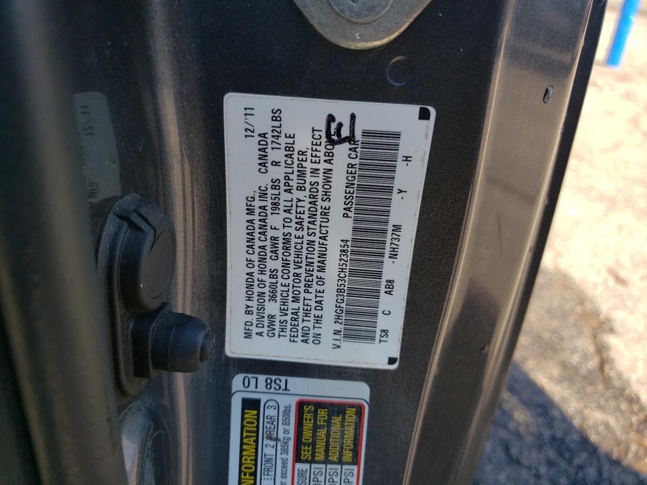 2012 Honda Civic VIN 2HGFG3B53CH523854 Copart auction photo, water/flood damage thumbnail 13