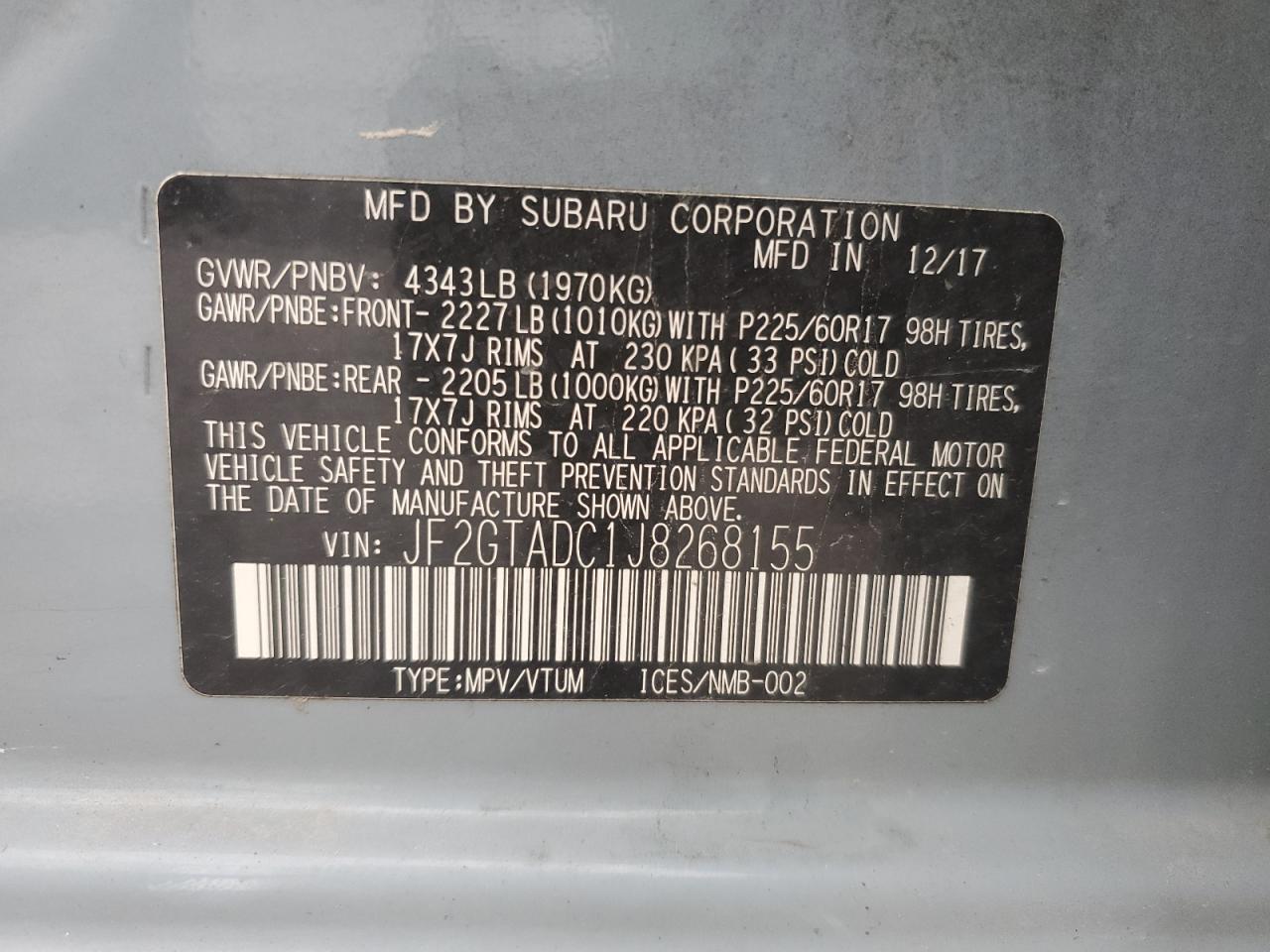 2018 Subaru XV VIN JF2GTADC1J8268155 Copart auction photo, rollover damage thumbnail 13