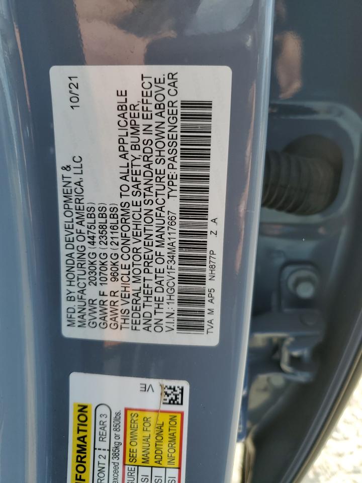 2021 Honda Accord VIN 1HGCV1F34MA117667 Copart auction photo, front end / all over damage thumbnail 12