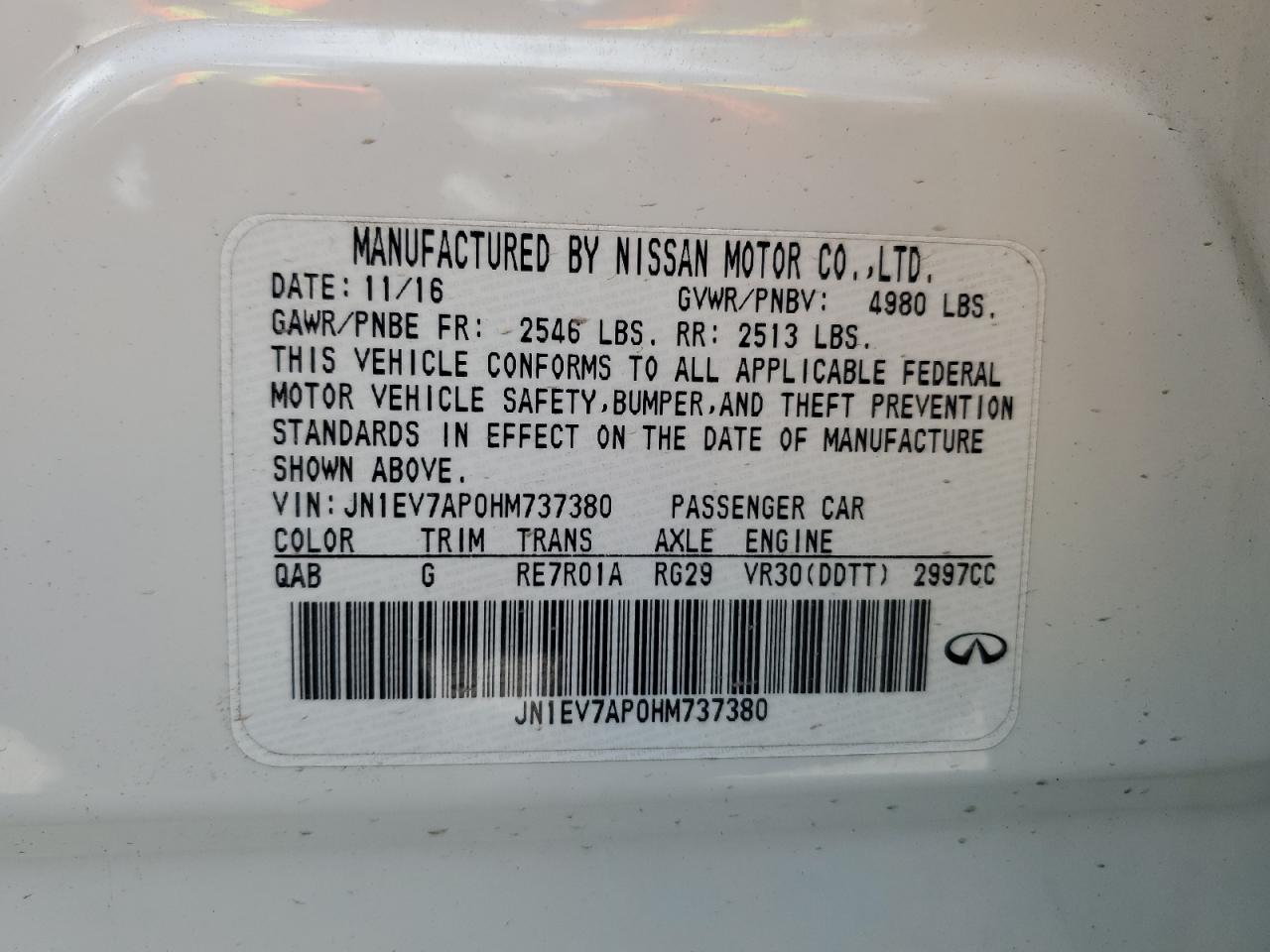 2017 Infiniti Q50 VIN JN1EV7AP0HM737380 Copart auction photo, front end / side damage thumbnail 12