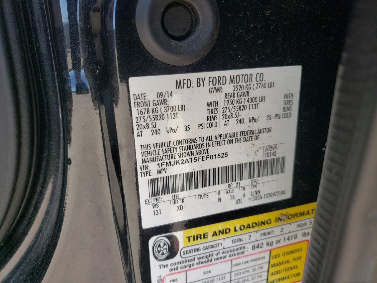 2015 Ford Expedition VIN 1FMJK2AT5FEF01525 Copart auction photo, all over / frame damage damage thumbnail 14