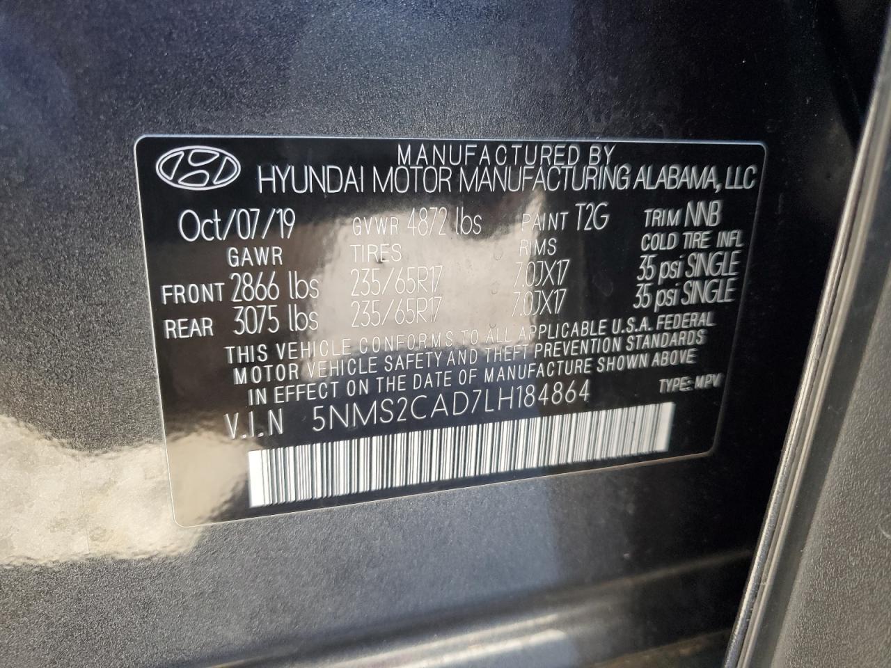 2020 Hyundai Santa Fe VIN 5NMS2CAD7LH184864 Copart auction photo, side / front end damage thumbnail 15