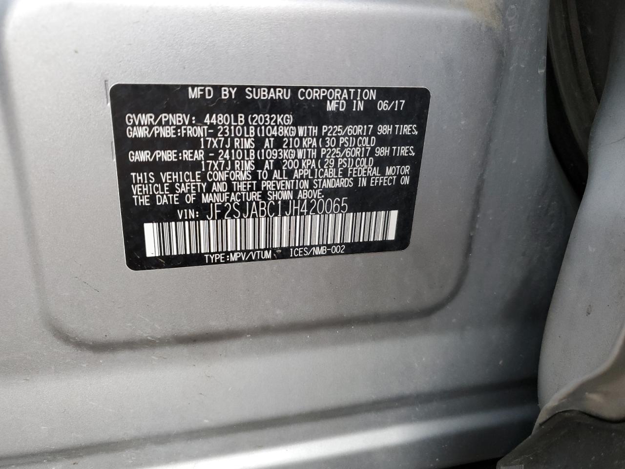 2018 Subaru Forester VIN JF2SJABC1JH420065 Copart auction photo, front end damage thumbnail 13