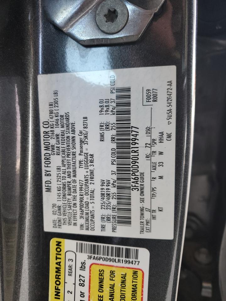 2020 Ford Fusion VIN 3FA6P0D90LR199477 Copart auction photo, front end / minor dent/scratches damage thumbnail 12