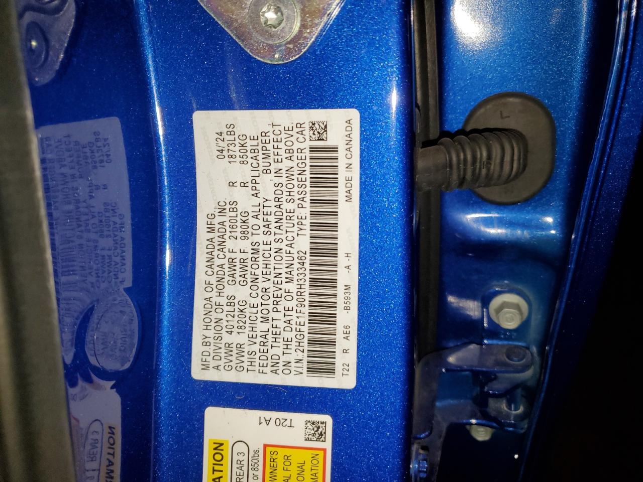 2024 Honda Civic VIN 2HGFE1F90RH333462 Copart auction photo, side damage thumbnail 12