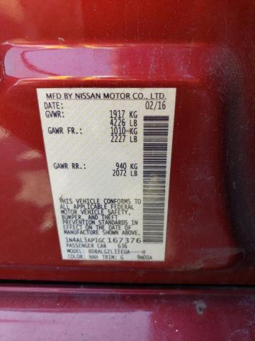 2016 Nissan Altima VIN 1N4AL3AP1GC167376 Copart auction photo, water/flood / minor dent/scratches damage thumbnail 12