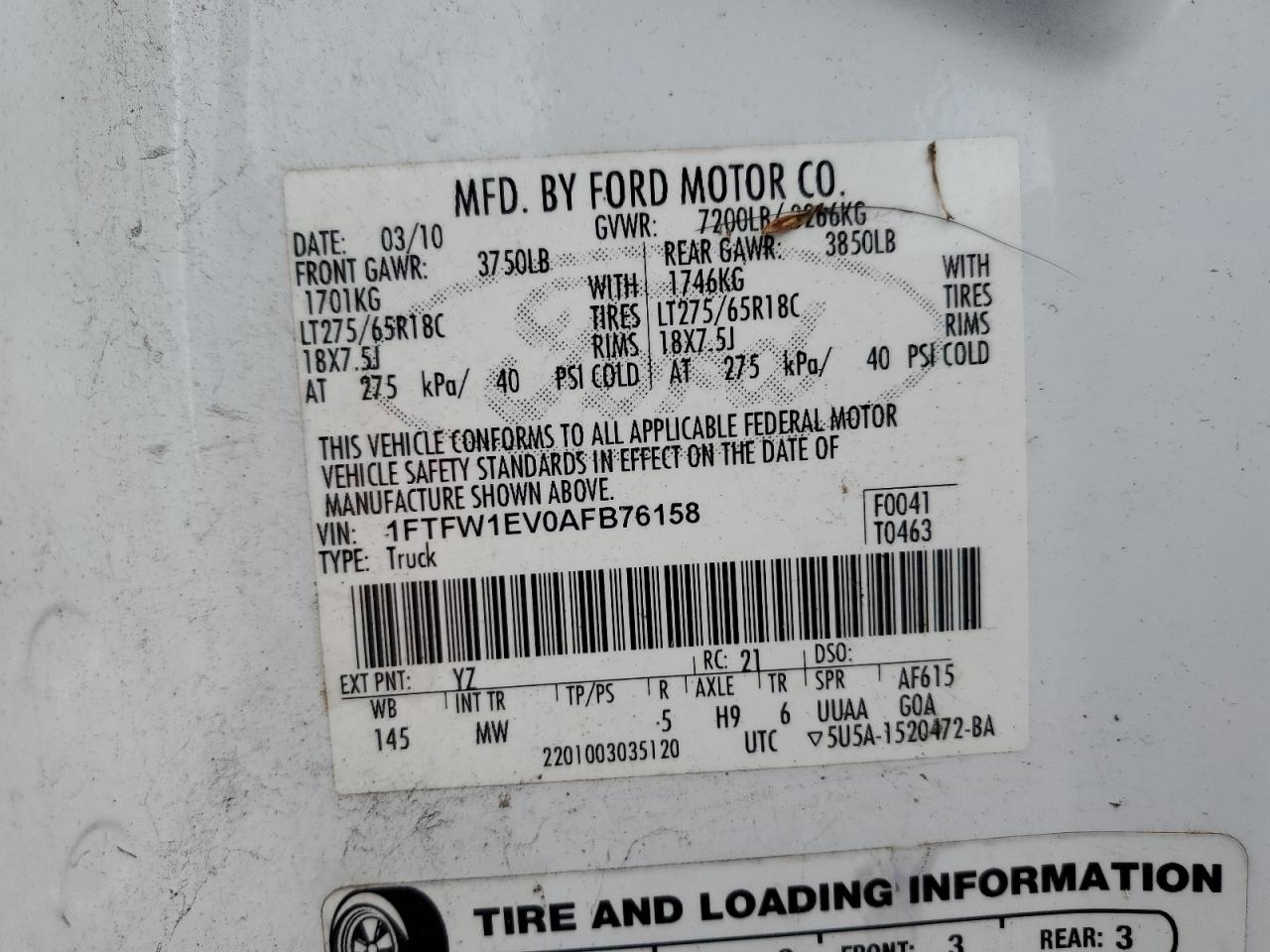 2010 Ford F-150 VIN 1FTFW1EV0AFB76158 Copart auction photo, mechanical / all over damage thumbnail 12