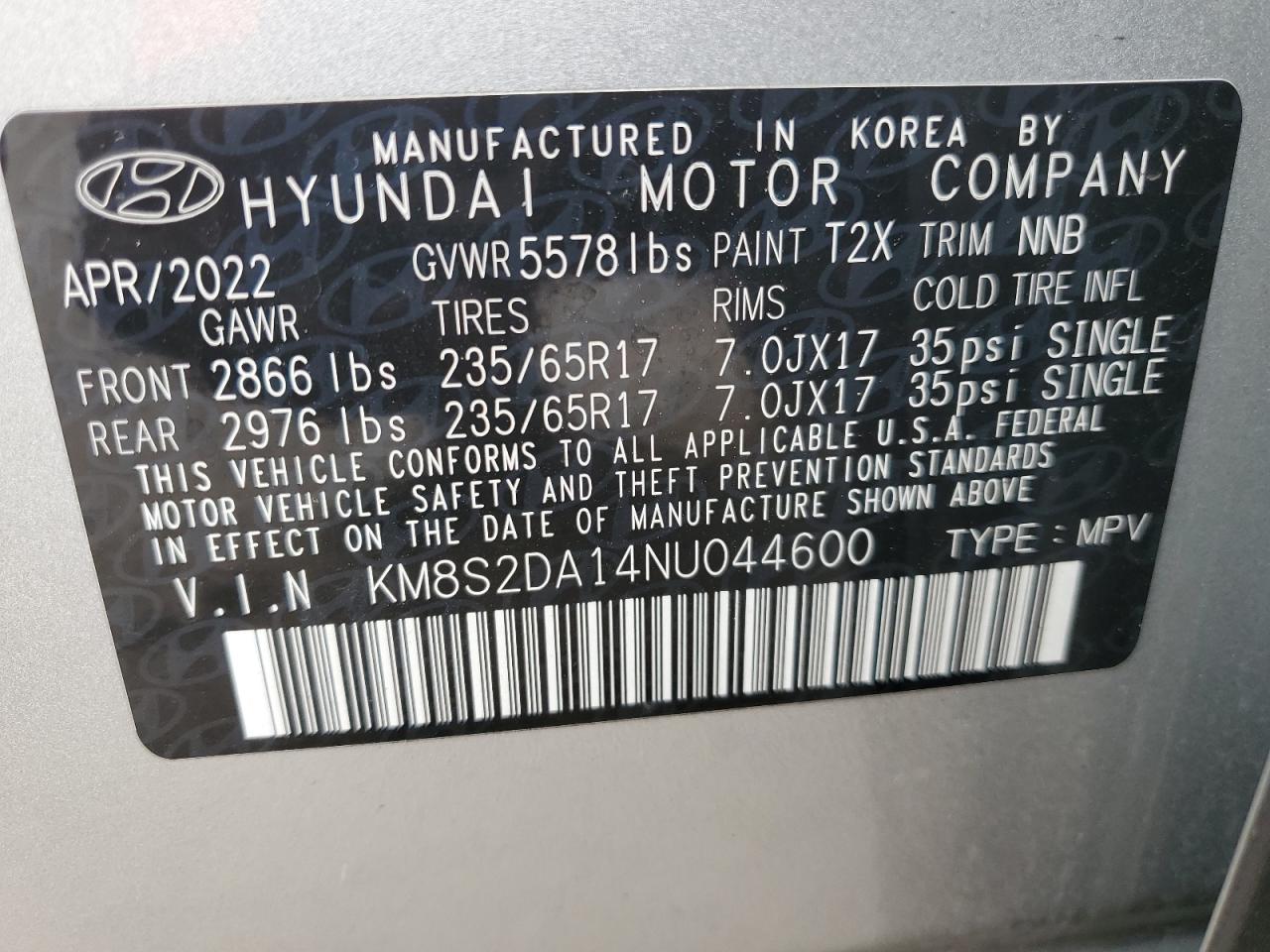 2022 Hyundai Santa Fe VIN KM8S2DA14NU044600 Copart auction photo, all over damage thumbnail 12