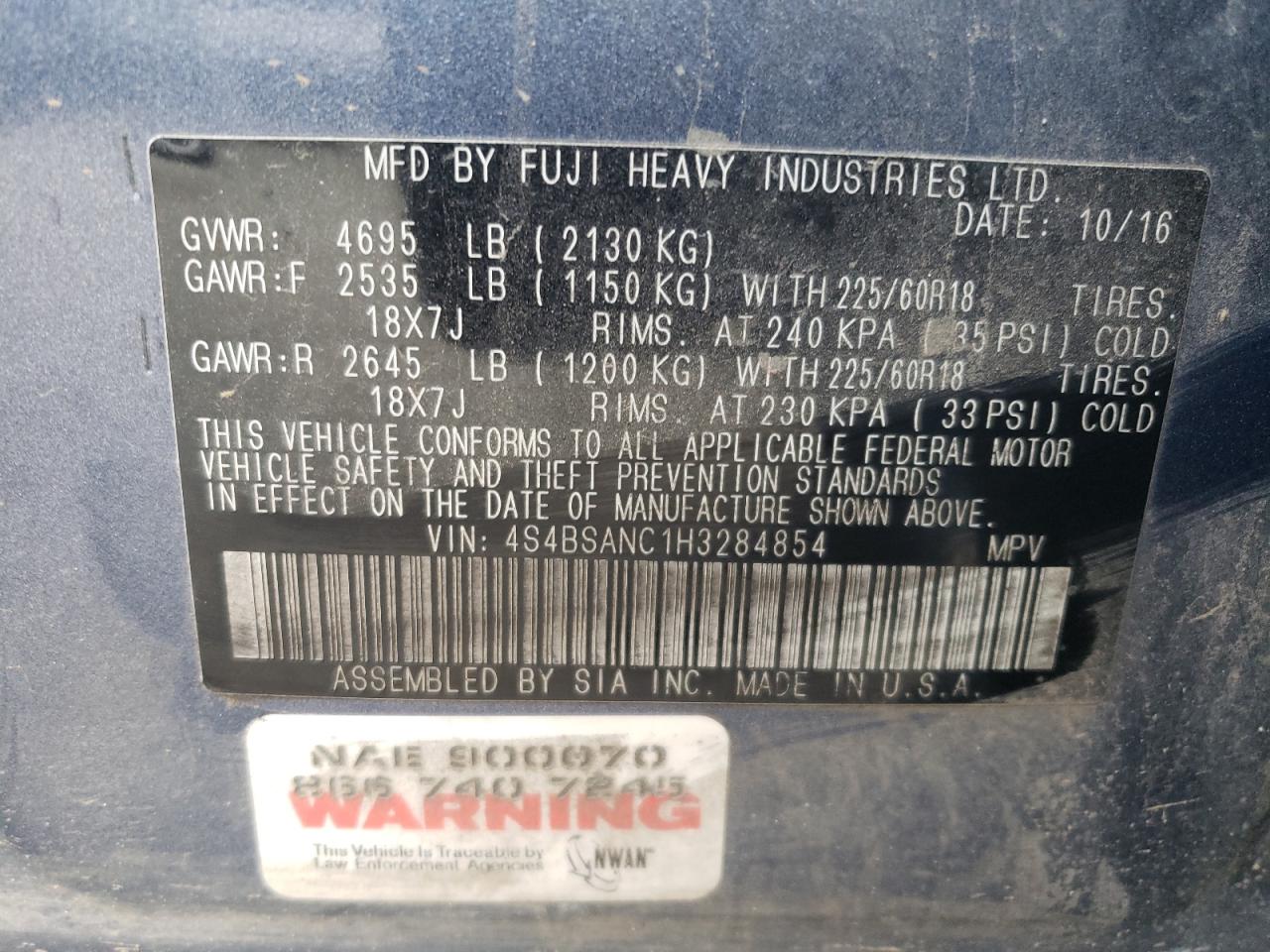 2017 Subaru Outback VIN 4S4BSANC1H3284854 Copart auction photo, front end damage thumbnail 12