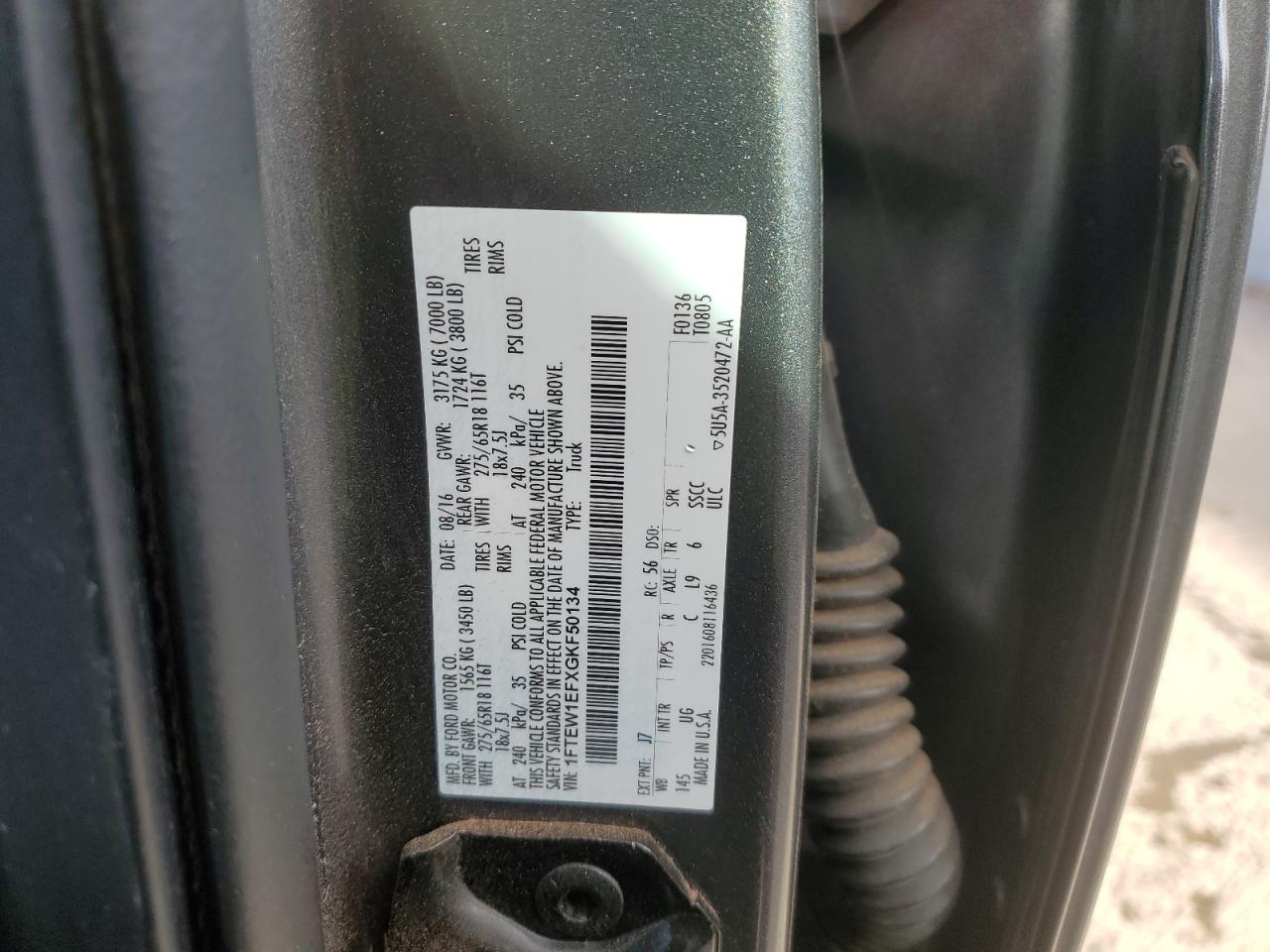 2016 Ford F-150 VIN 1FTEW1EFXGKF50134 Copart auction photo, side damage thumbnail 14