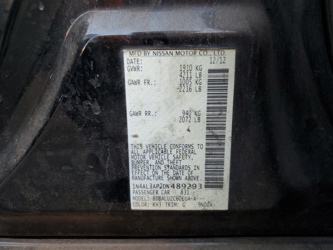2013 Nissan Altima VIN 1N4AL3AP7DN489293 Copart auction photo, all over damage thumbnail 12