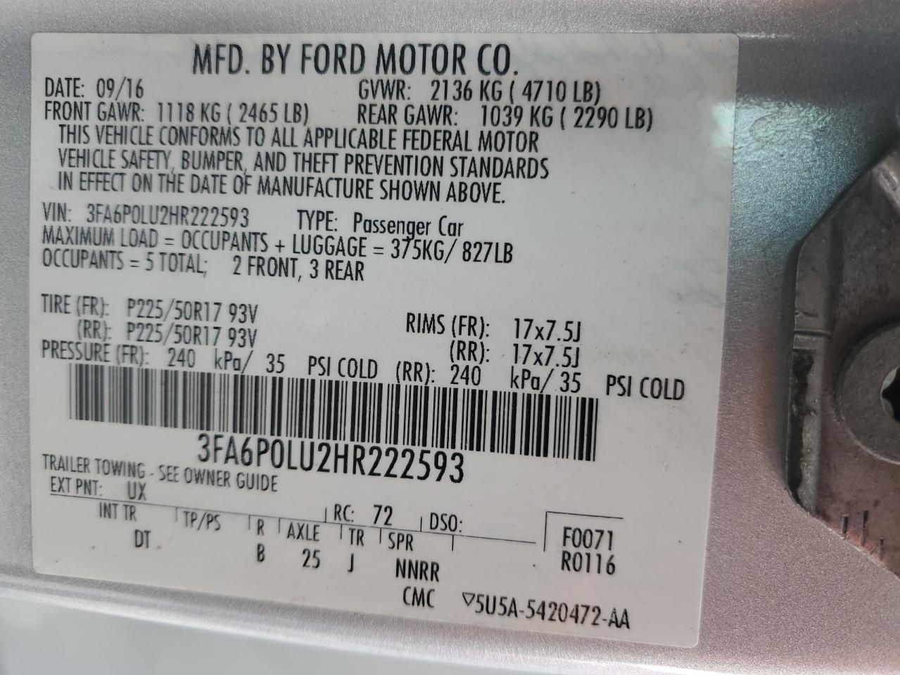 2017 Ford Fusion VIN 3FA6P0LU2HR222593 Copart auction photo, front end damage thumbnail 12