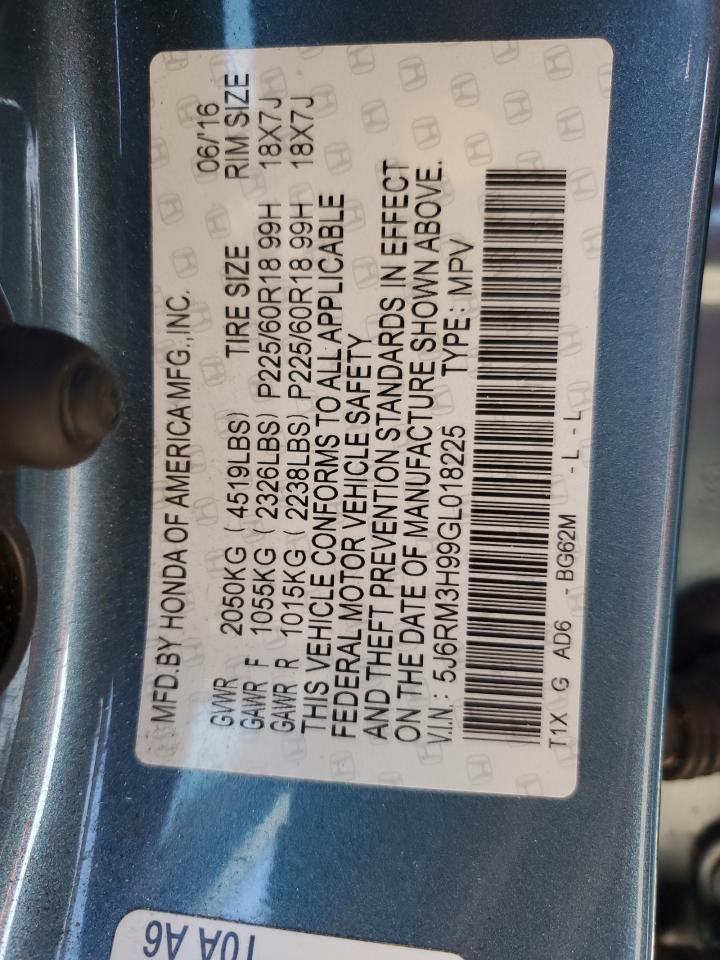 2016 Honda CR-V VIN 5J6RM3H99GL018225 Copart auction photo, top/roof / minor dent/scratches damage thumbnail 13