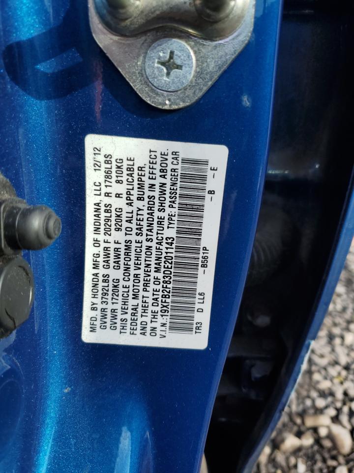 2013 Honda Civic VIN 19XFB2F83DE201143 Copart auction photo, rear end / side damage thumbnail 12