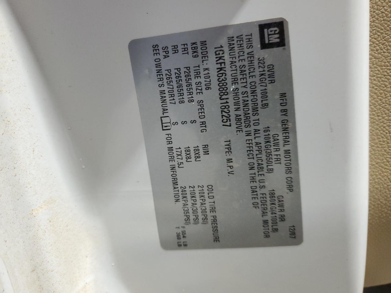 2008 GMC Yukon VIN 1GKFK63888J182257 Copart auction photo, water/flood damage thumbnail 14