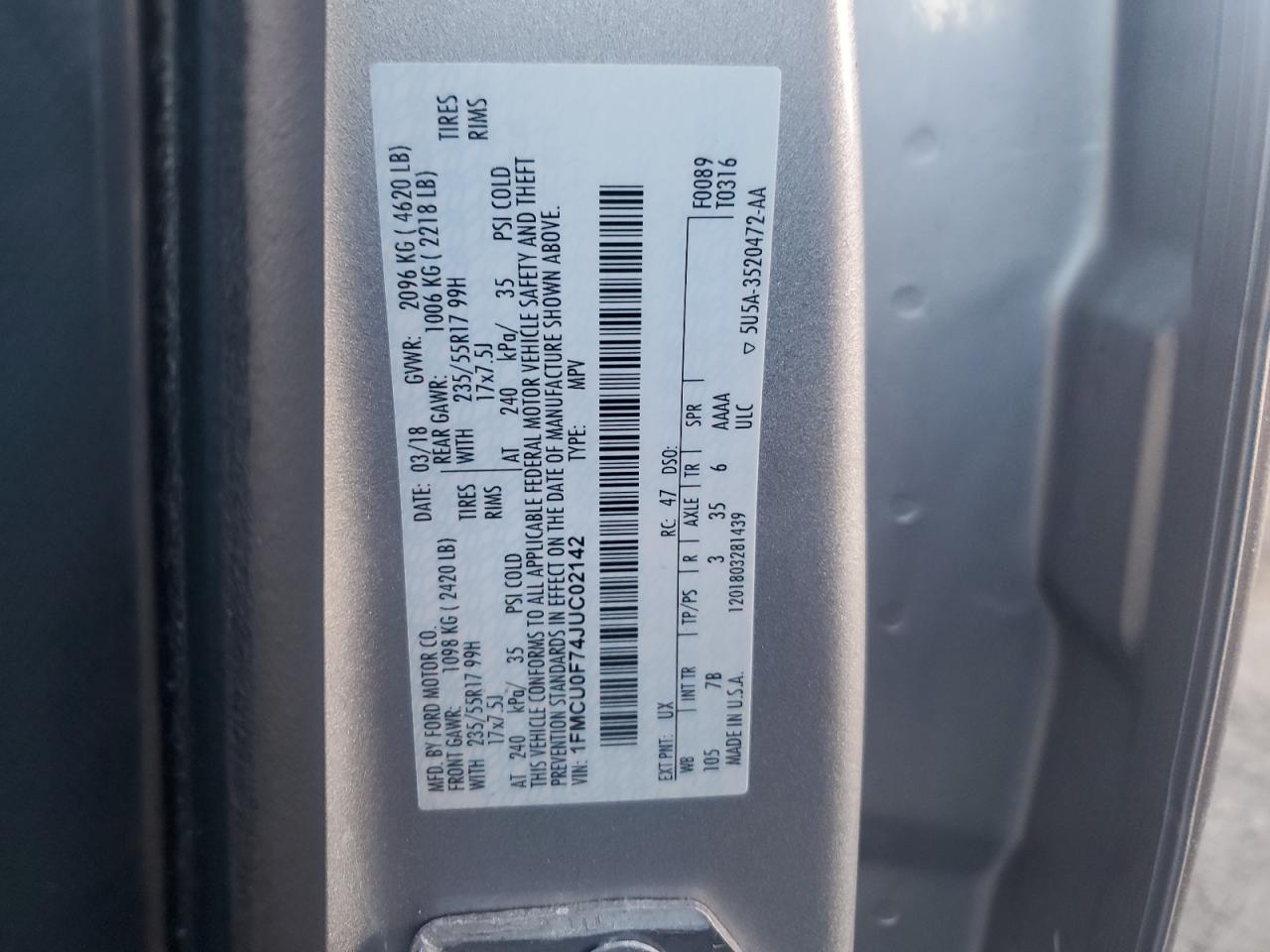 2018 Ford Escape VIN 1FMCU0F74JUC02142 Copart auction photo, front end / minor dent/scratches damage thumbnail 15