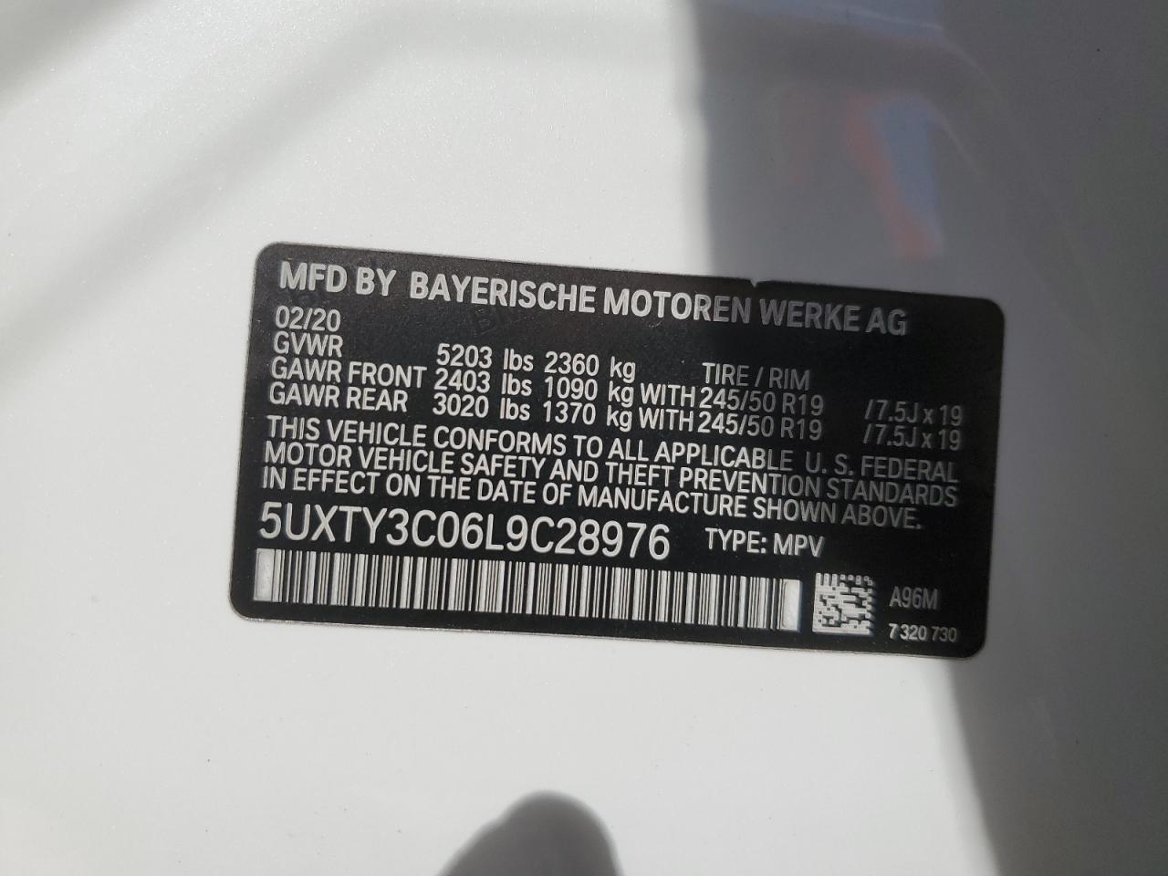 2020 BMW X3 VIN 5UXTY3C06L9C28976 Copart auction photo, rear end / minor dent/scratches damage thumbnail 13