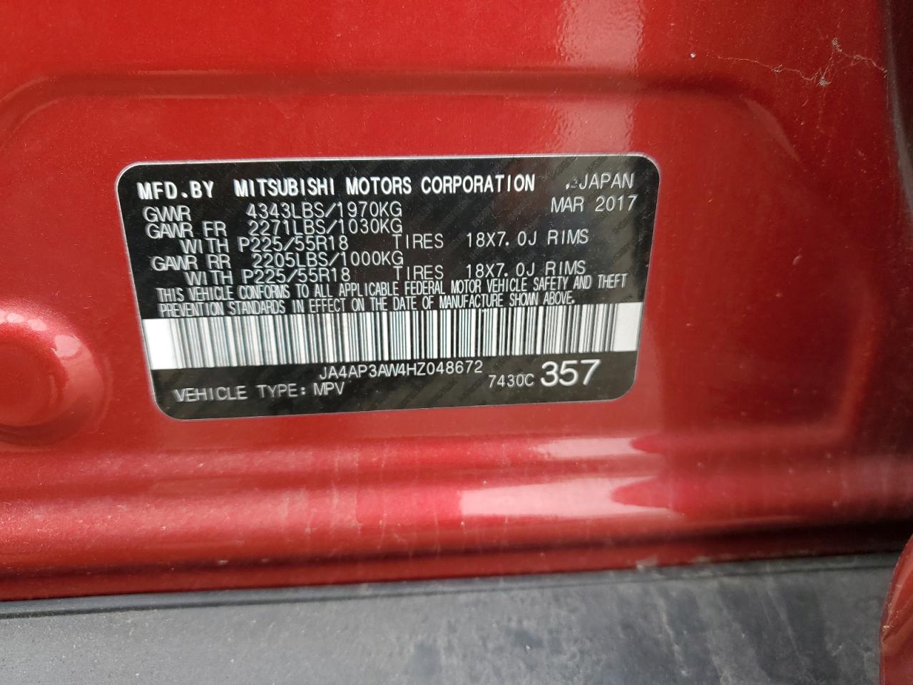 2017 Mitsubishi Outlander VIN JA4AP3AW4HZ048672 Copart auction photo, normal wear / mechanical damage thumbnail 12