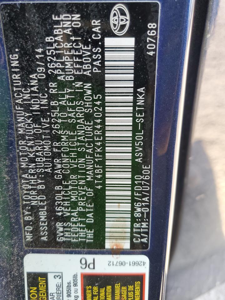 2014 Toyota Camry VIN 4T4BF1FK4ER440245 Copart auction photo, front end damage thumbnail 13