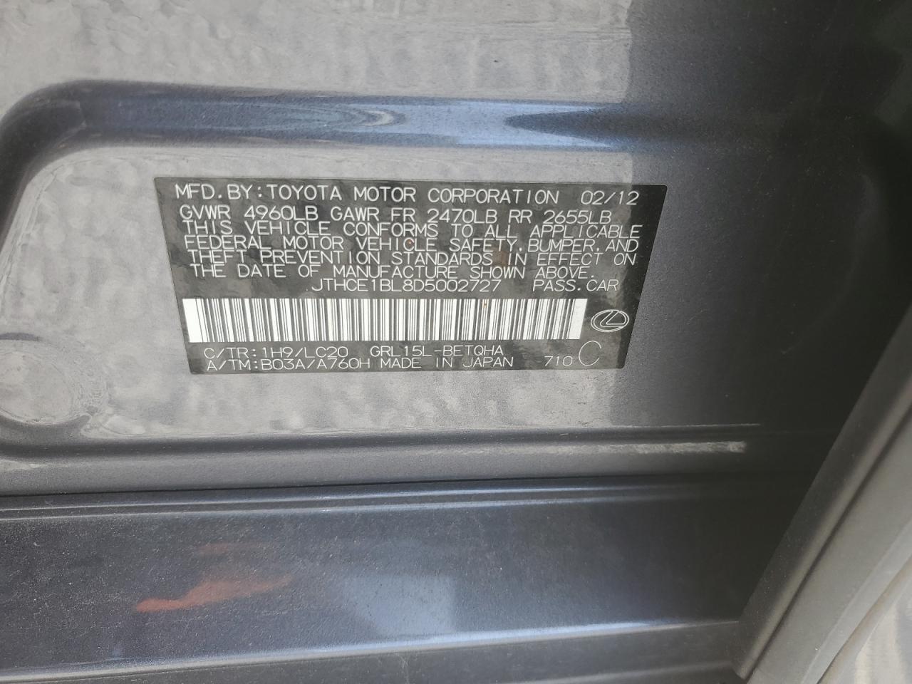 2013 Lexus GS VIN JTHCE1BL8D5002727 Copart auction photo, front end damage thumbnail 14