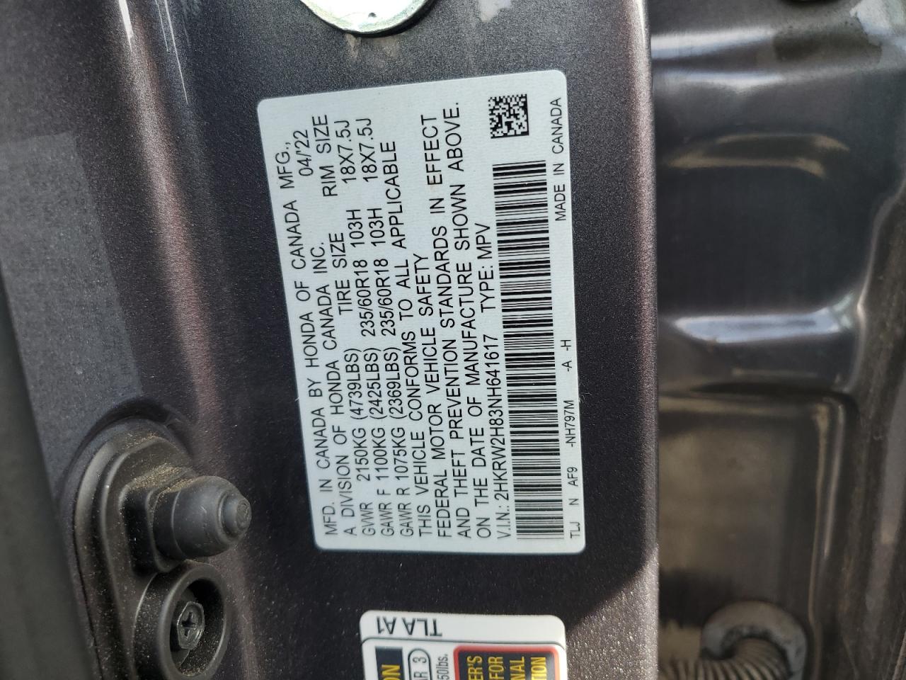 2022 Honda CR-V VIN 2HKRW2H83NH641617 Copart auction photo, front end damage thumbnail 12