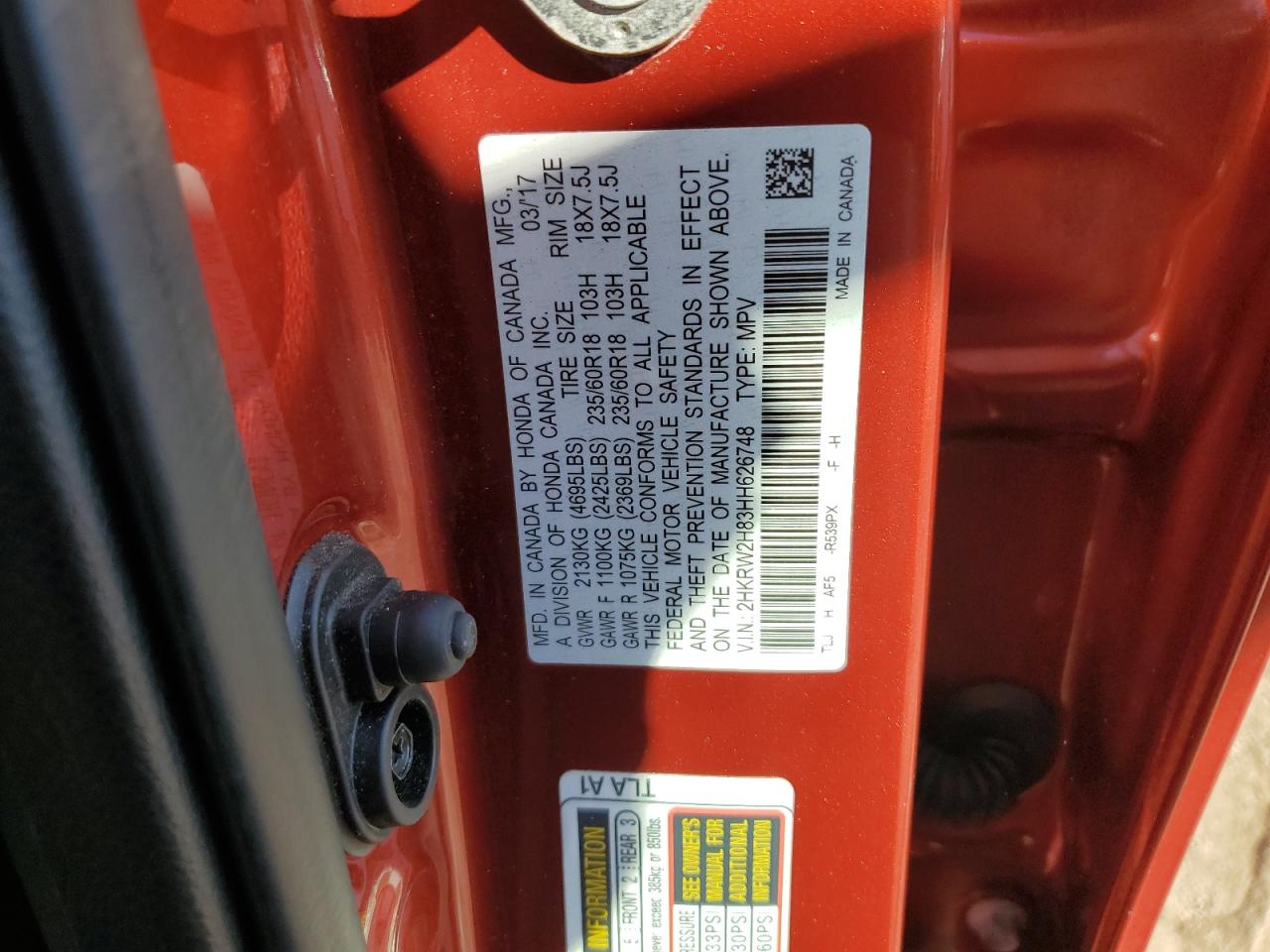 2017 Honda CR-V VIN 2HKRW2H83HH626748 Copart auction photo, side / undercarriage damage thumbnail 15