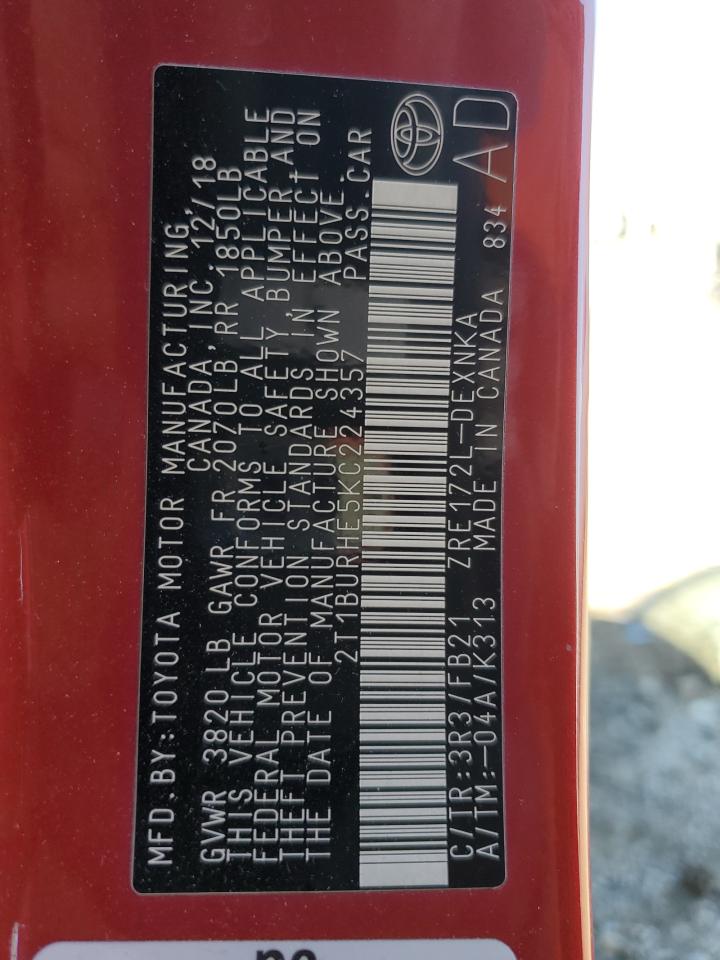 2019 Toyota Corolla VIN 2T1BURHE5KC224357 Copart auction photo, side damage thumbnail 13