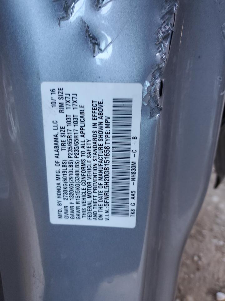 2016 Honda Odyssey VIN 5FNRL5H20GB151658 Copart auction photo, front end / undercarriage damage thumbnail 14