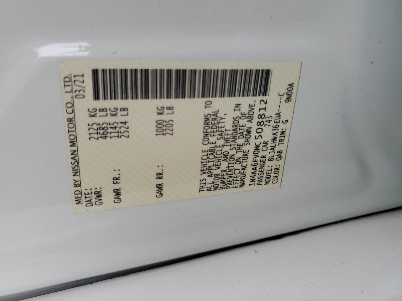 2021 Nissan Maxima VIN 1N4AA6FV0MC508812 Copart auction photo, rear end damage thumbnail 13