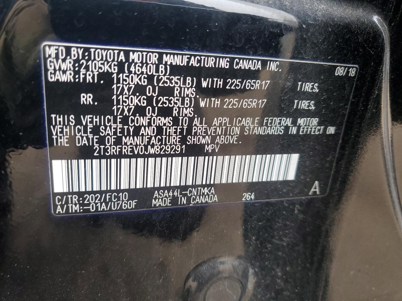 2018 Toyota RAV 4 VIN 2T3RFREV0JW829291 Copart auction photo, front end damage thumbnail 15