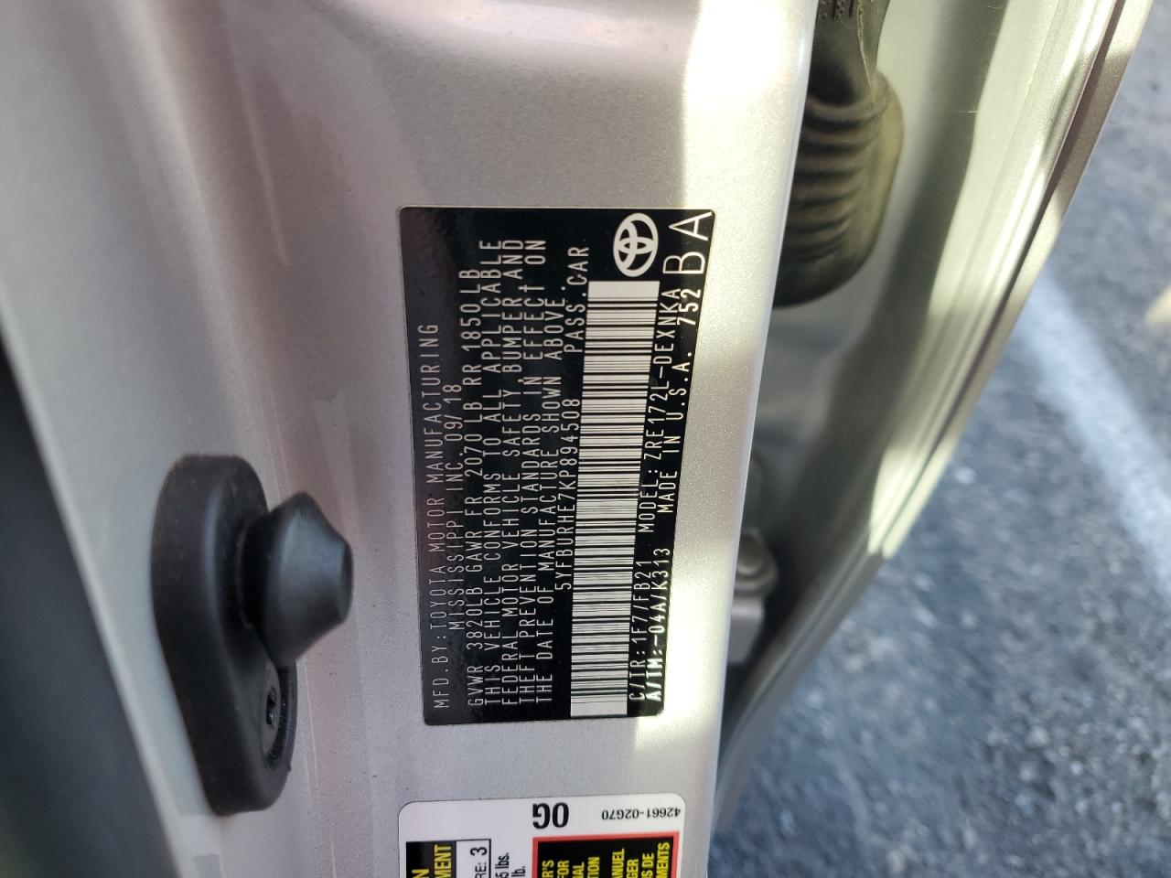 2019 Toyota Corolla VIN 5YFBURHE7KP894508 Copart auction photo, all over / undercarriage damage thumbnail 14