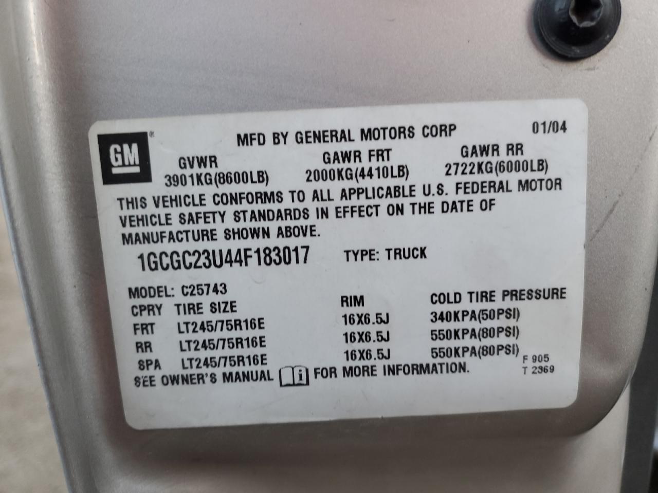 2004 Chevrolet Silverado VIN 1GCGC23U44F183017 Copart auction photo, front end / minor dent/scratches damage thumbnail 12