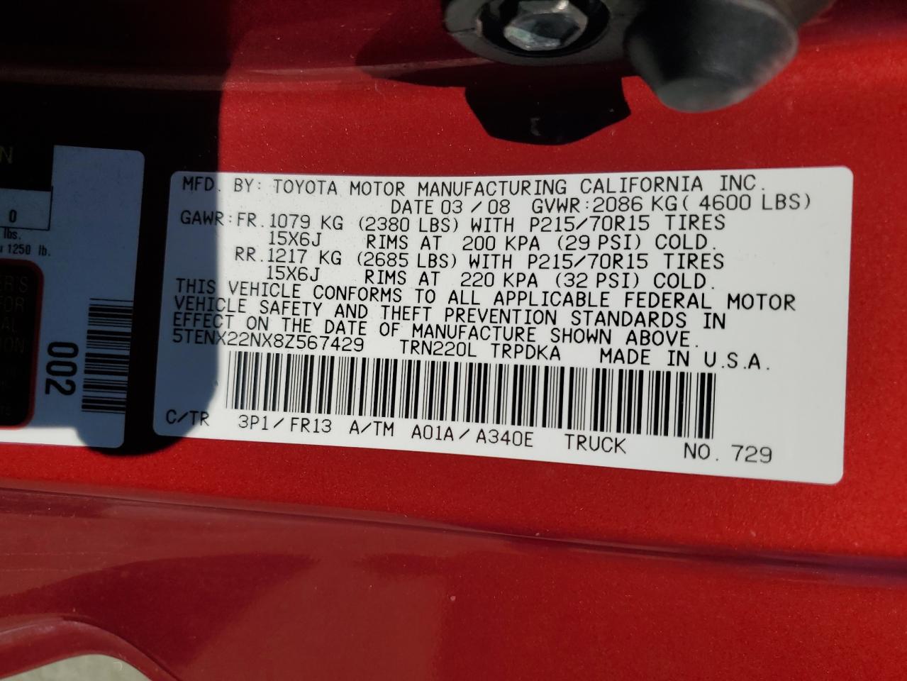 2008 Toyota Tacoma VIN 5TENX22NX8Z567429 Copart auction photo, front end / side damage thumbnail 12