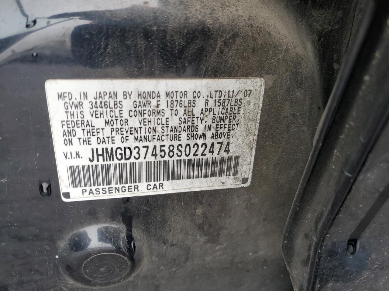 2008 Honda Fit VIN JHMGD37458S022474 Copart auction photo, front end damage thumbnail 12